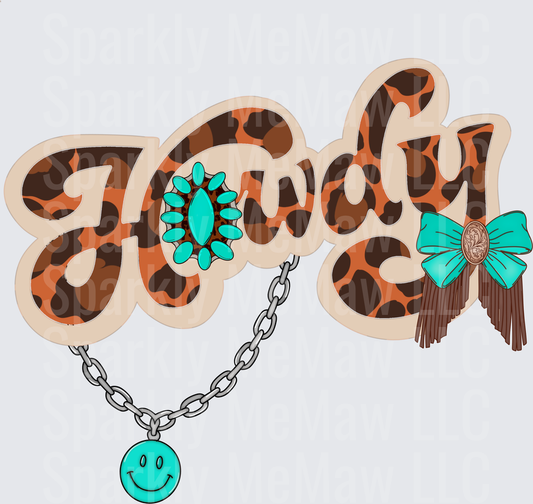 Howdy Leopard Print Western Turquoise Concho Bow Fringe Smiley Chain DTF Transfer for Fabrics