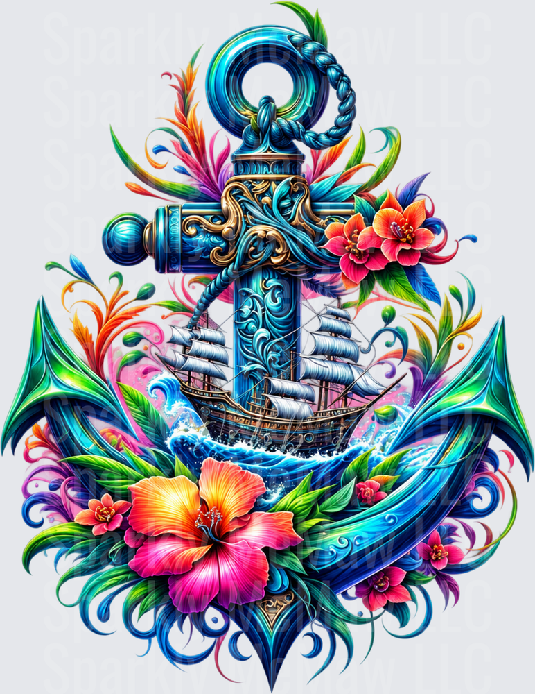 Colorful Anchor Ship Floral is a UV DTF Decal