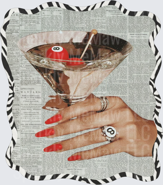 Vintage Pool Ball Martini Glass with Red Nails Collage UV DTF Decal