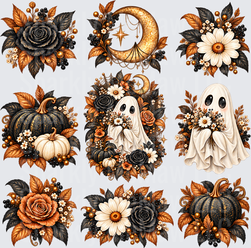 Boho Halloween Florals Ghost Sheet this is a 10x10 uv dtf cut and stick element sheet