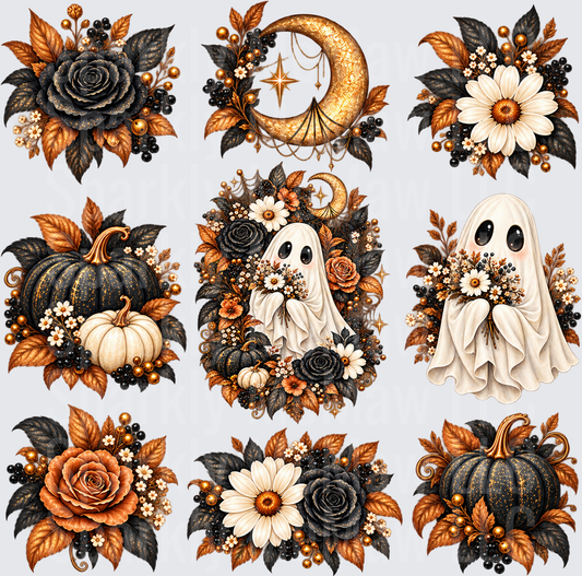 Boho Halloween Florals Ghost Sheet this is a 10x10 uv dtf cut and stick element sheet