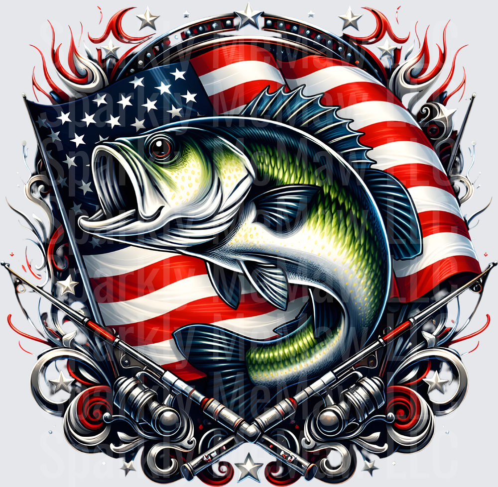 American Flag Bass Fish with Crossed Fishing Rods UV DTF Decal