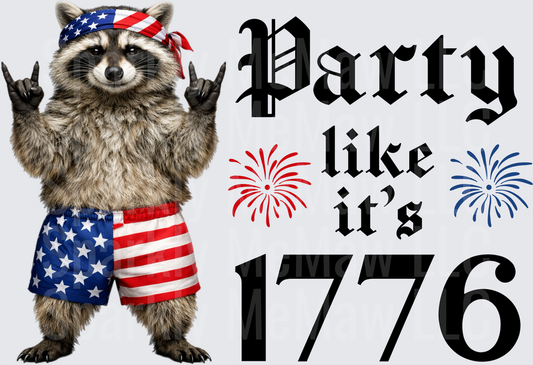 Party Like It's 1776 Patriotic Raccoon with American Flag Bandana and Shorts UV DTF Decal