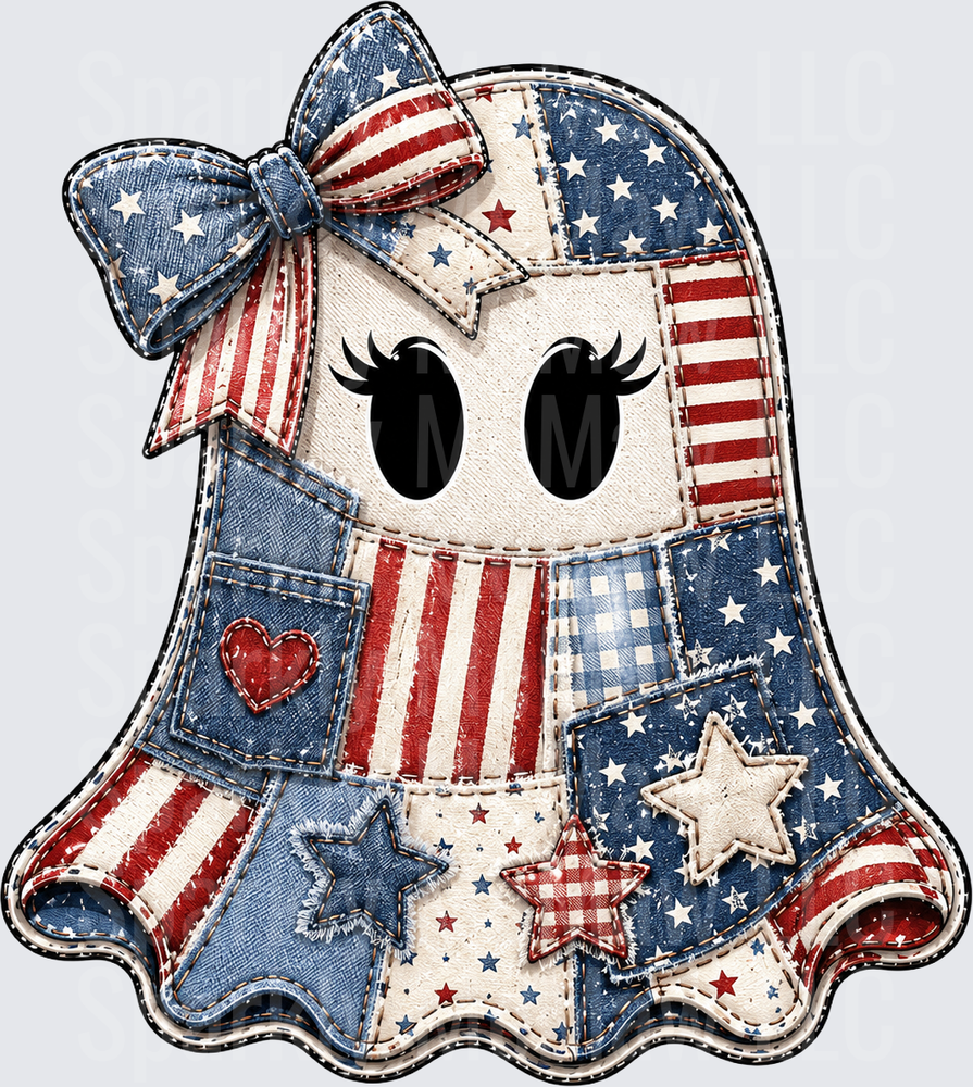 Patriotic Patchwork Ghost with Bow UV DTF Decal
