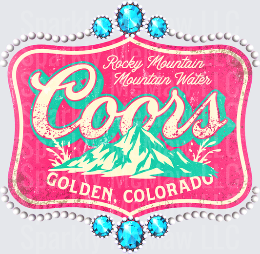 Coors Rocky Mountain Water Golden Colorado Vintage Pink Distressed Badge with Turquoise Rhinestone Gems DTF Transfer for Fabrics