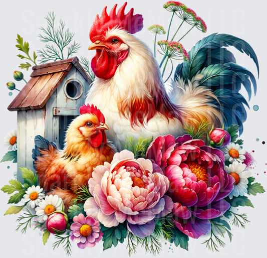 Rooster and Chick with Birdhouse Peony Floral Garden Scene UV DTF Decal