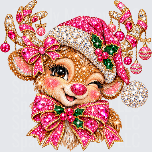 Glam Winking Christmas Reindeer UV DTF Decal