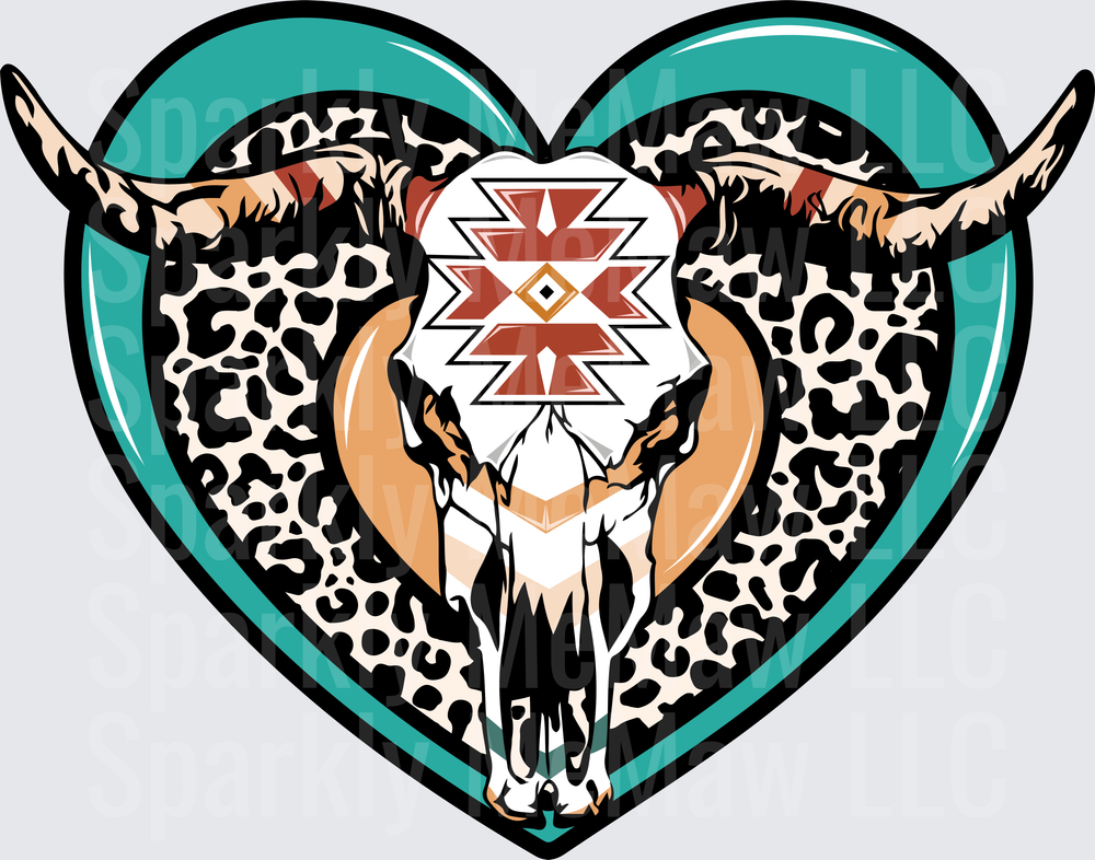 Bull Skull Heart with Turquoise Frame and Aztec Pattern UV DTF Decal