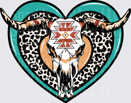 Bull Skull Heart with Turquoise Frame and Aztec Pattern UV DTF Decal