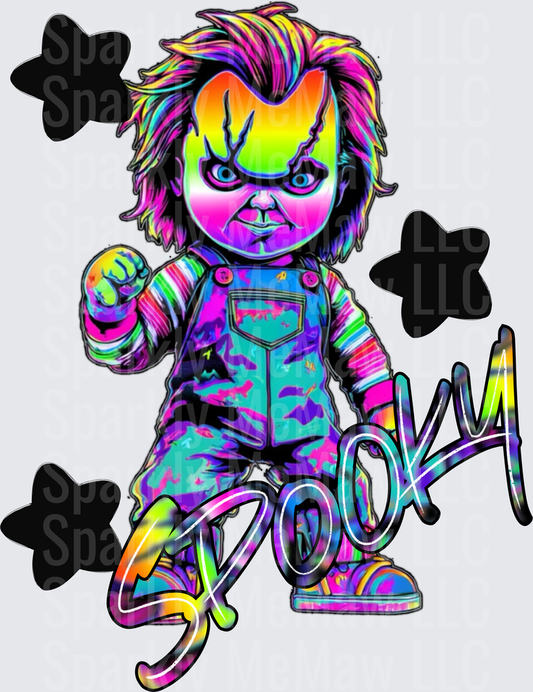 Chucky Horror Doll Psychedelic Rainbow Neon Colors DTF Transfer for Fabric