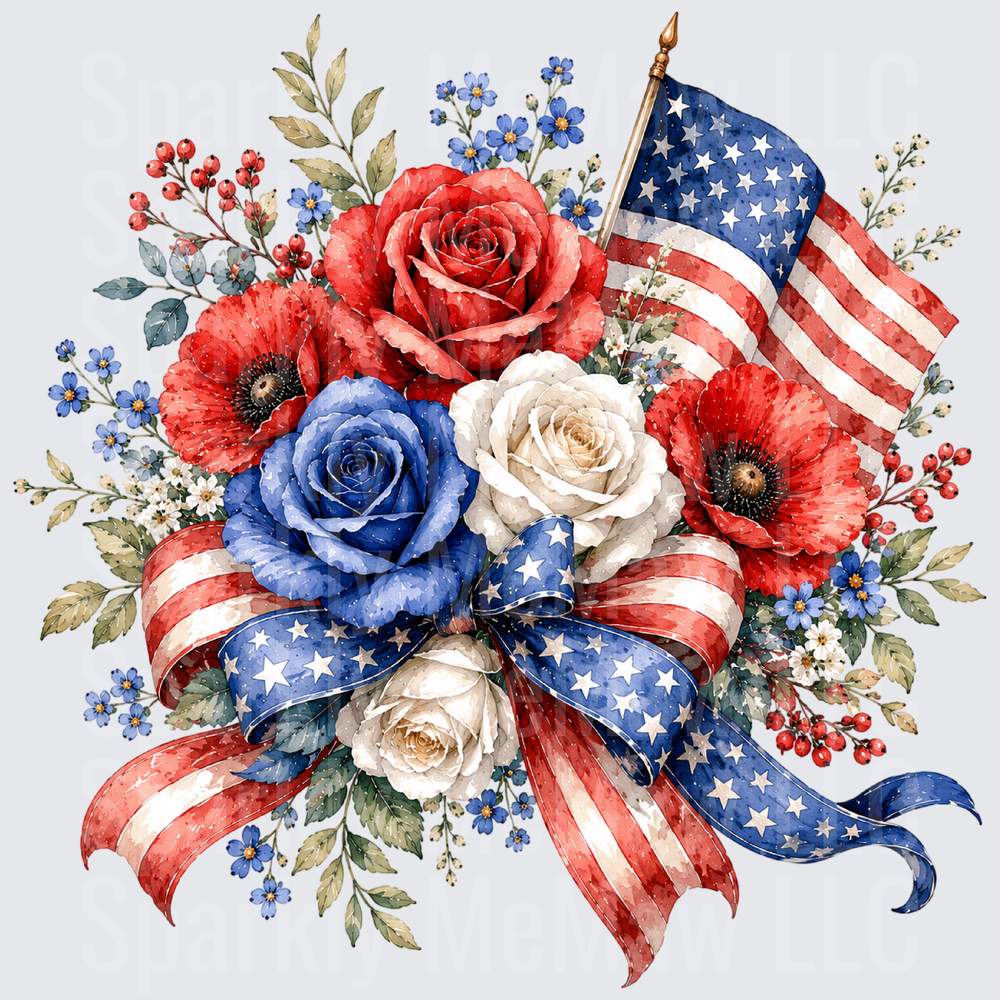 Patriotic Floral Bouquet with American Flag and Red White Blue Roses UV DTF Decal