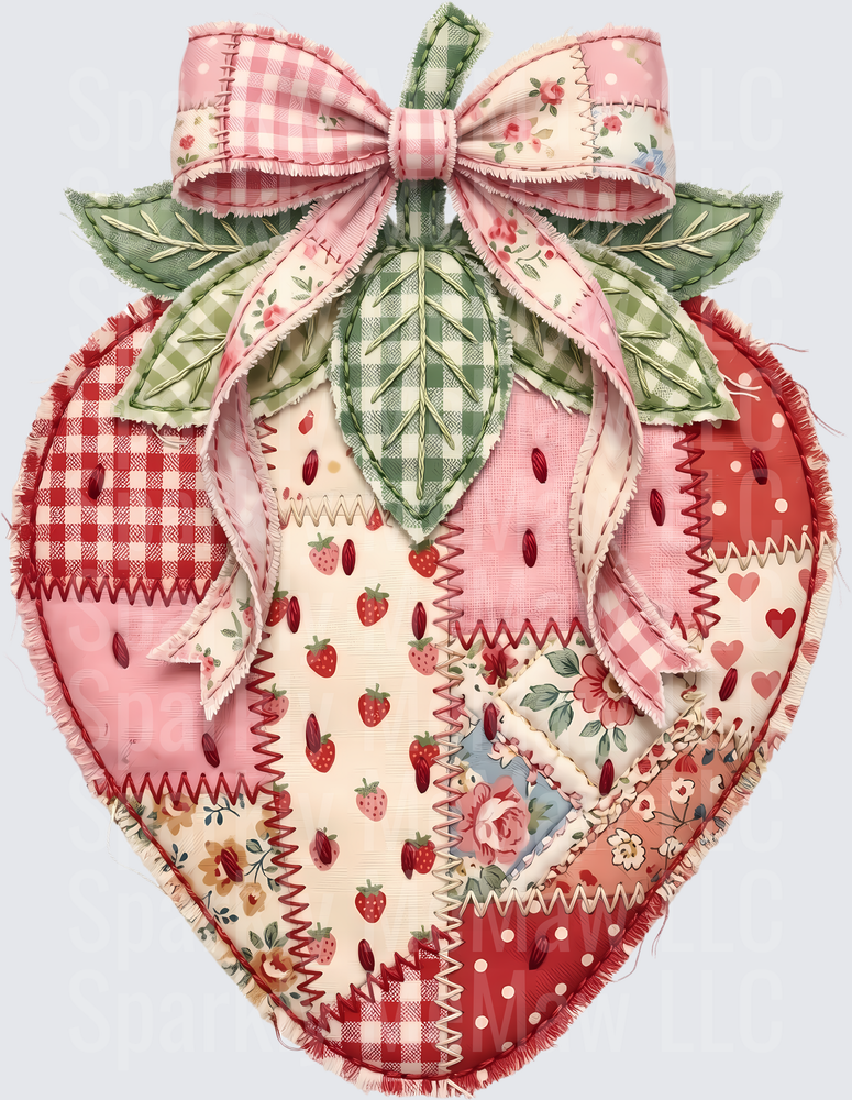 Patchwork Strawberry with Gingham Bow and Green Leaves