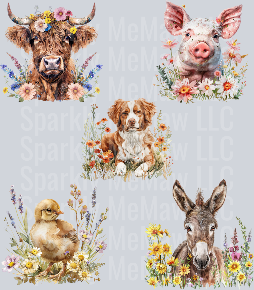 Floral Farm Animals.UV DTF Element Sheet