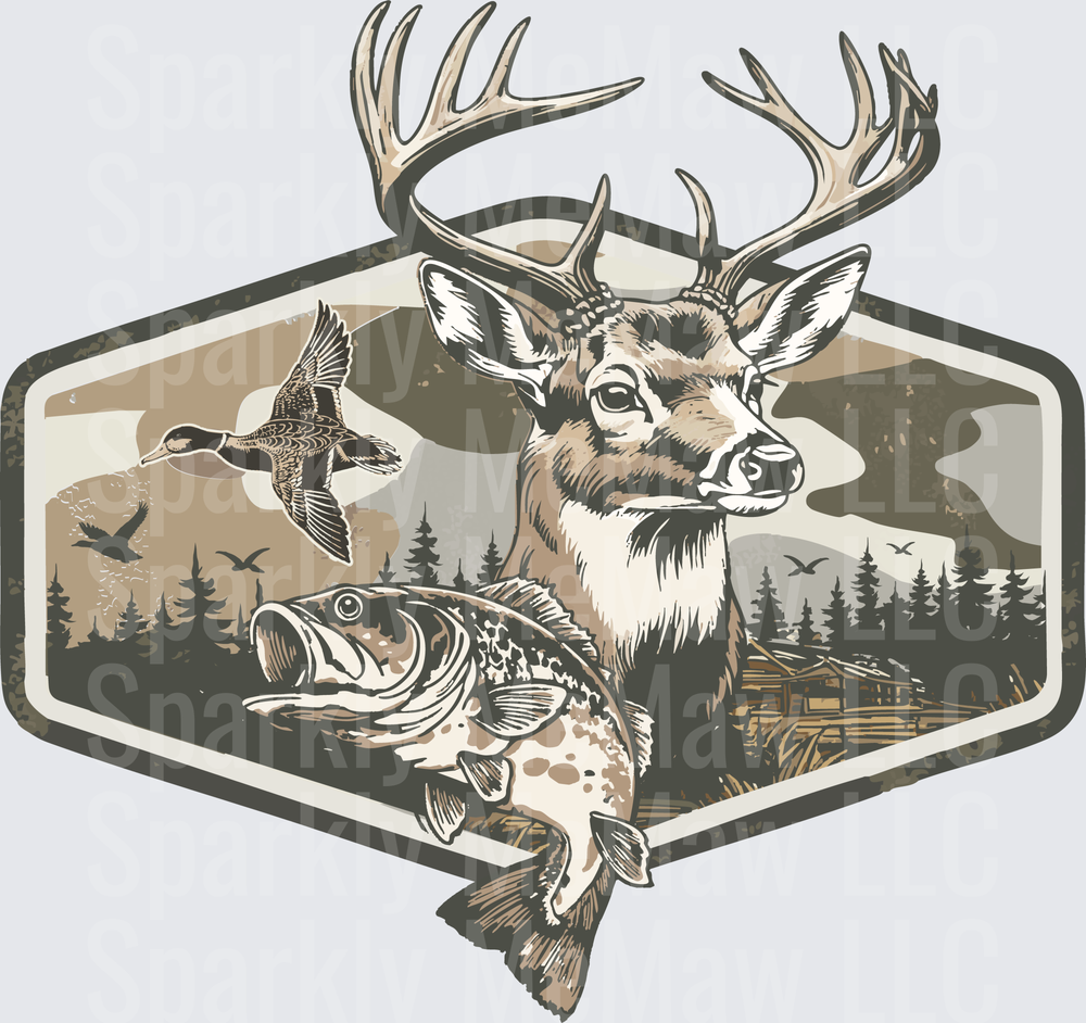 Buck Deer Fish Duck Wilderness Scene Vintage Hunting Badge DTF Transfer for Fabric