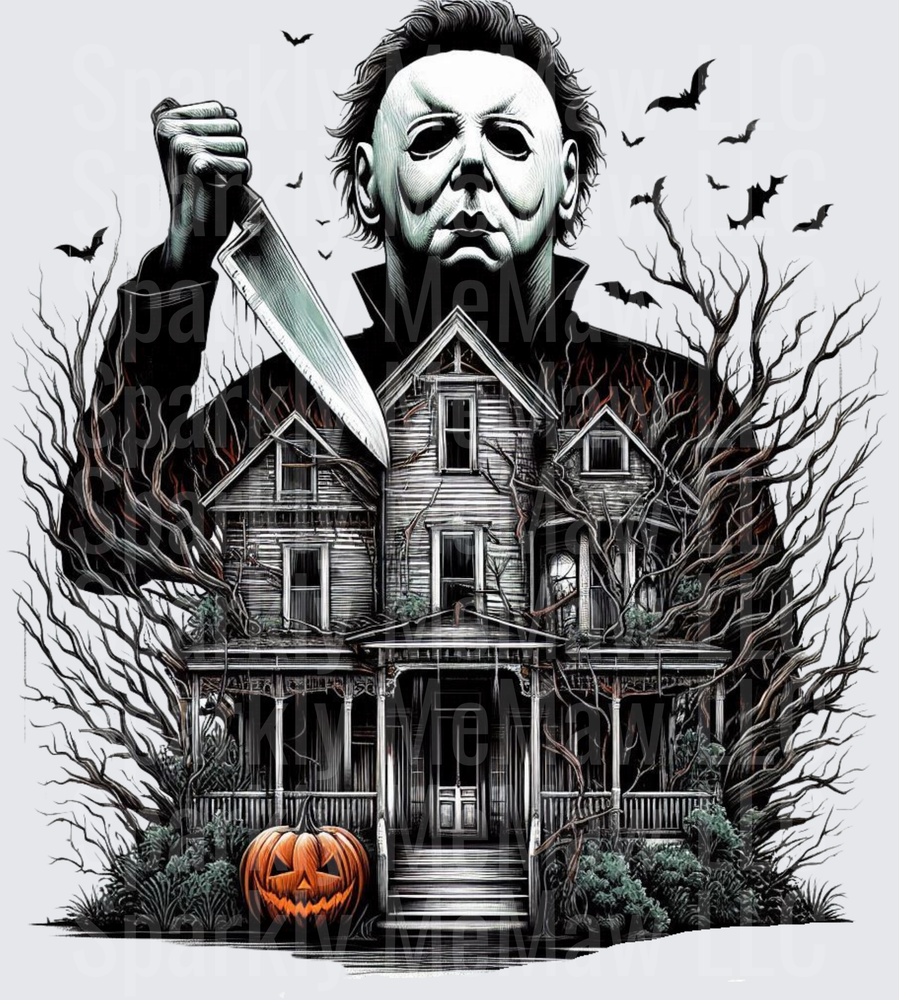 Michael Myers Halloween House with Knife and Jack-o'-Lantern UV DTF Decal