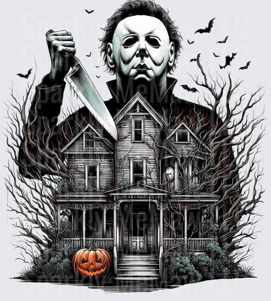 Michael Myers Halloween House with Knife and Jack-o'-Lantern UV DTF Decal