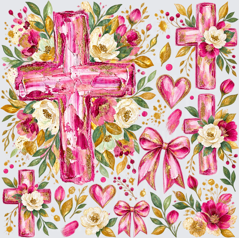Pink Floral Cross Collection - this is a 10x10 UV DTF Cut/Peel/Stick Sheet