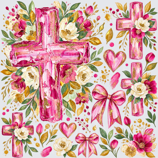 Pink Floral Cross Collection - this is a 10x10 UV DTF Cut/Peel/Stick Sheet