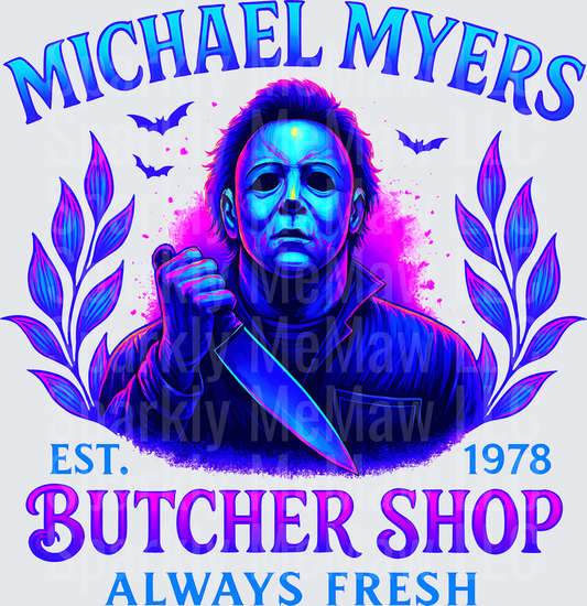 Michael Myers Halloween Butcher Shop Neon Horror Design DTF Transfer for Fabric