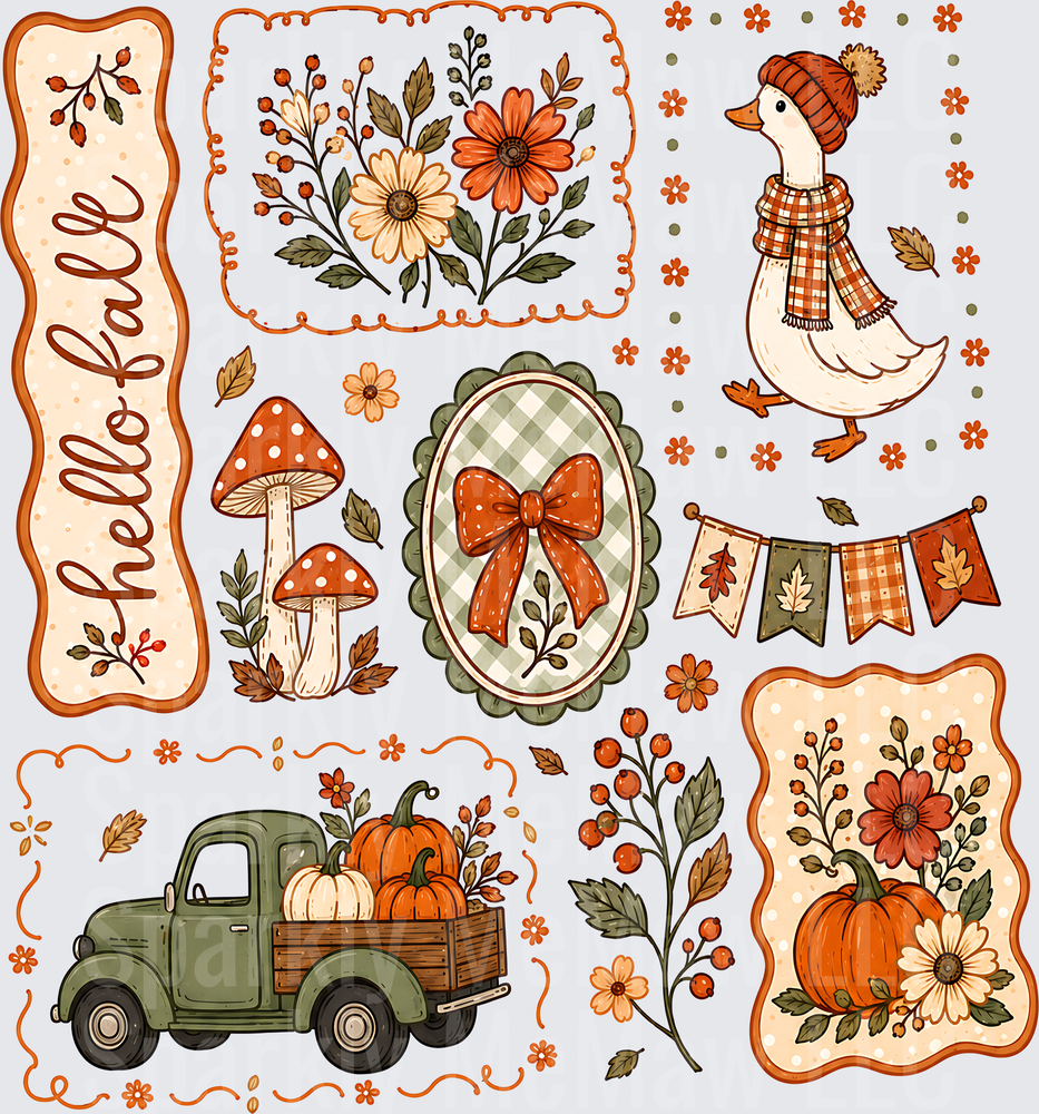 Hello Fall Autumn Sticker Sheet UV DTF Decal with Vintage Green Truck Pumpkins Mushrooms Duck Plaid Bow Fall Florals and Bunting Banner