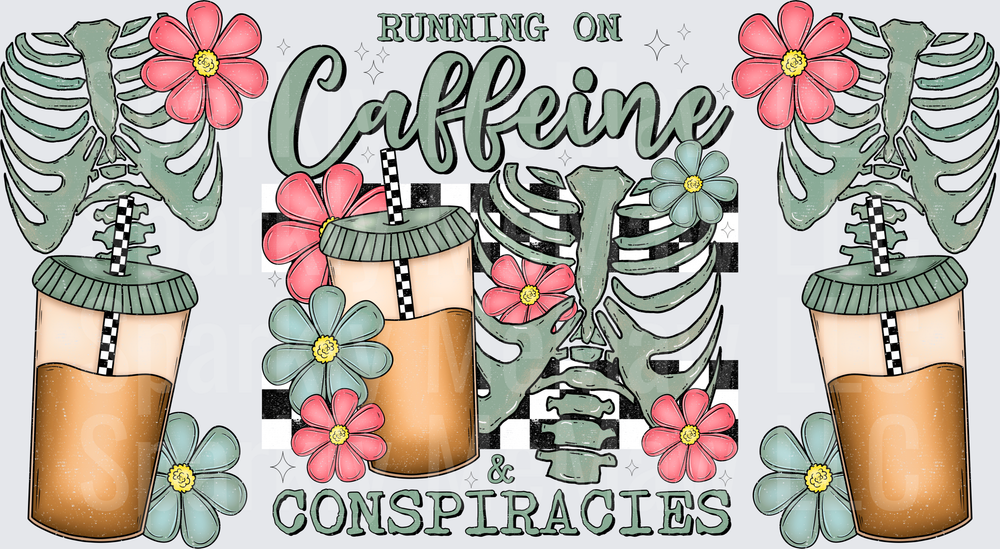 Running On Caffeine & Conspiracies Skeleton Floral Iced Coffee this is a UV DTF 16 OZ Wrap