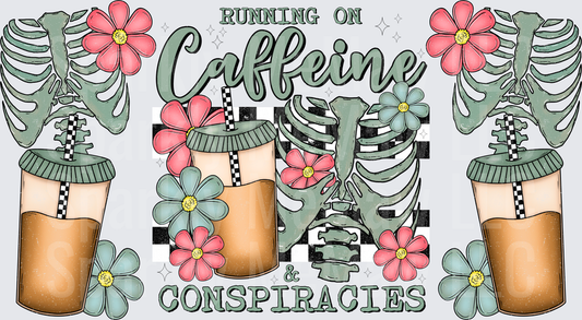 Running On Caffeine & Conspiracies Skeleton Floral Iced Coffee this is a UV DTF 16 OZ Wrap