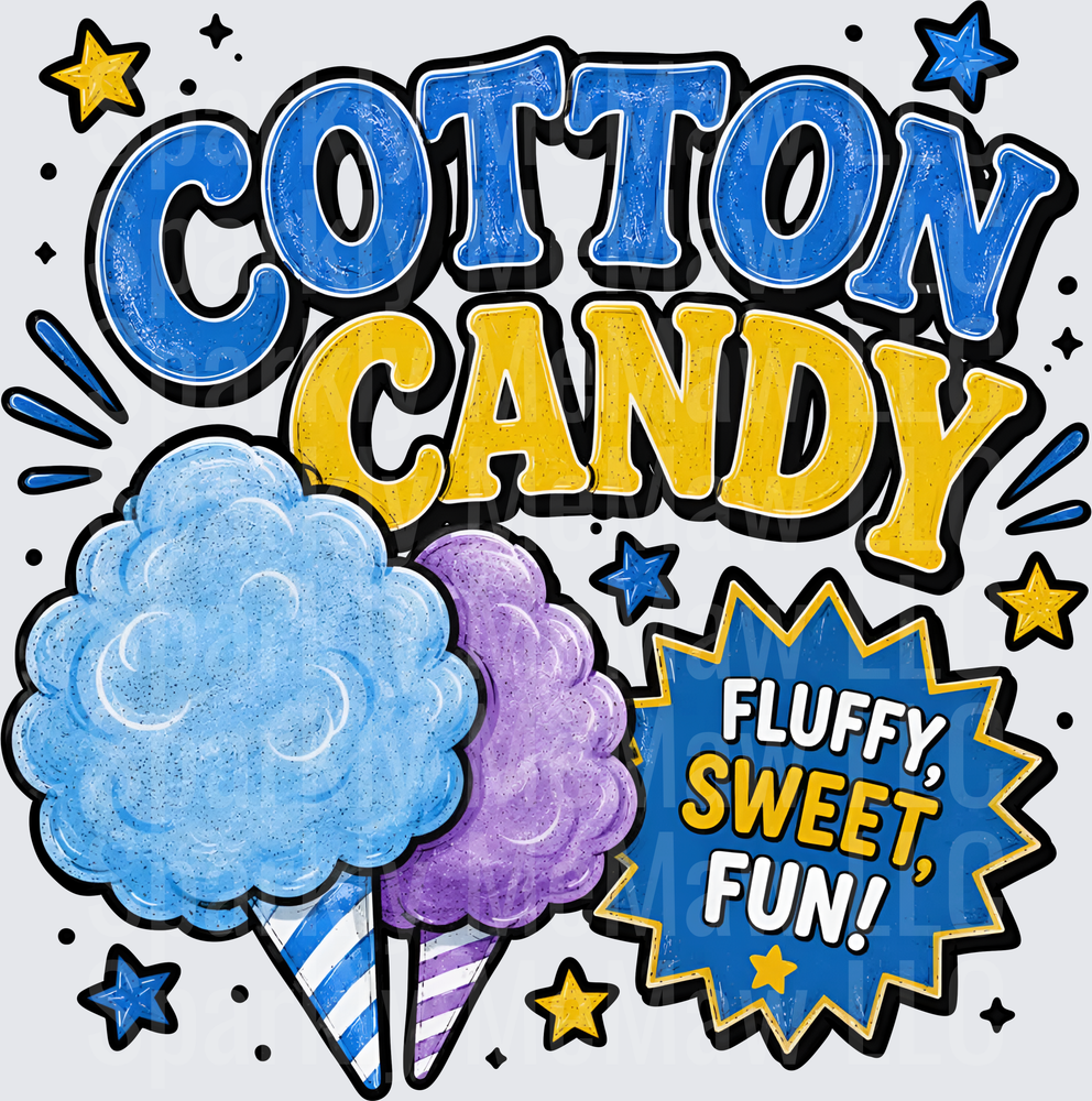 Cotton Candy Fluffy Sweet Fun Blue Purple Spun Sugar Carnival Fair DTF Transfer for Fabric