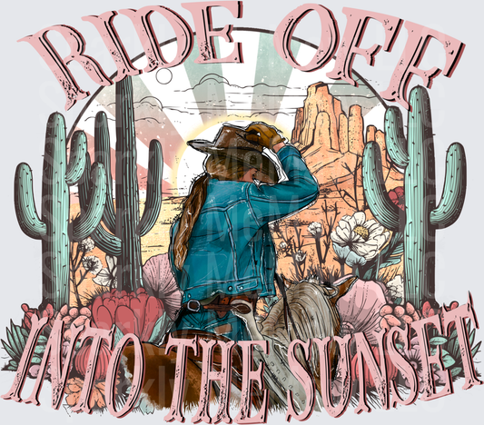 Ride Off Into The Sunset Cowgirl Desert Scene UV DTF Decal