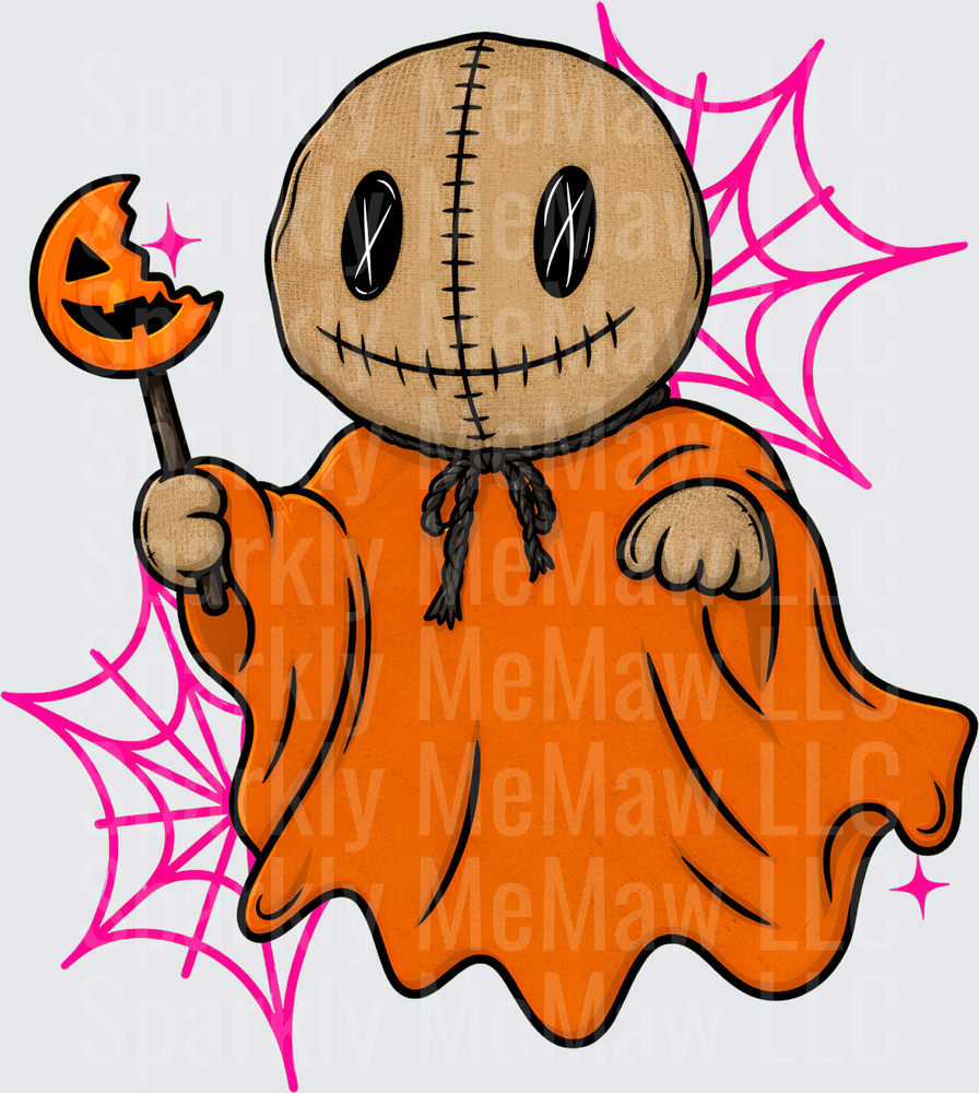 Cute Sam Trick R Treat Burlap Head Orange Cape Jack-o-Lantern Lollipop Pink Spiderweb Halloween DTF Transfer for Fabrics