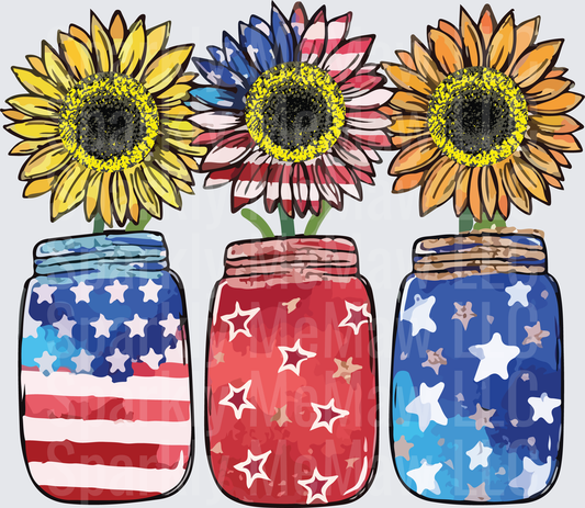 Patriotic Sunflowers in Mason Jars American Flag Stars UV DTF Decal