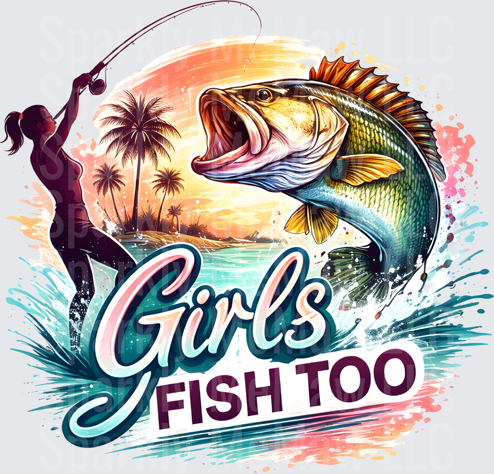 Girls Fish Too Bass Fishing with Female Angler Silhouette