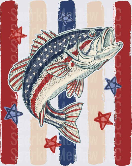 Patriotic Bass Fish with Stars and Stripes American Flag Design UV DTF Decal
