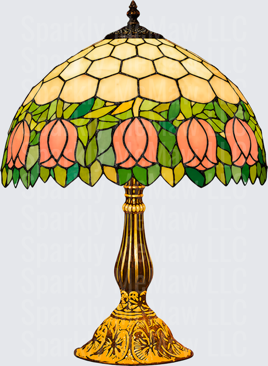 Tiffany Style Stained Glass Tulip Lamp with Brass Base DTF Transfer for fabrics