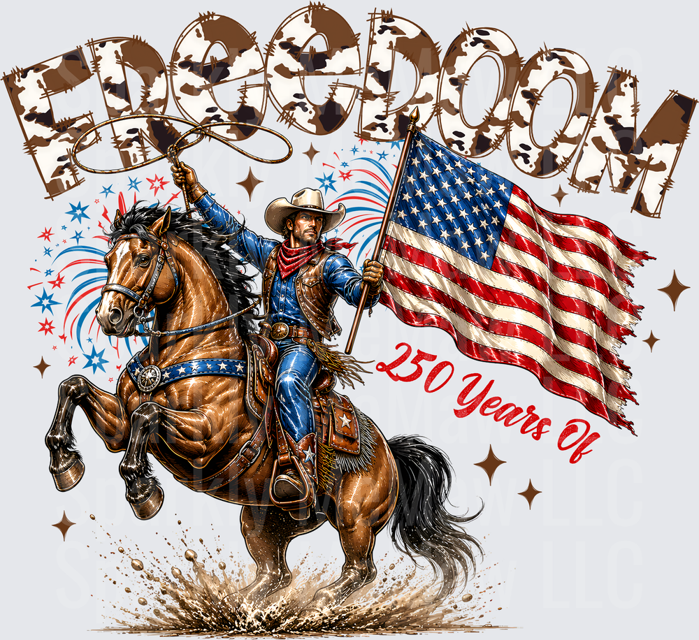 250 Years Of Freedom Patriotic Cowboy Riding Horse With American Flag And Lasso Cow Print Text Red White Blue Fireworks UV DTF Decal
