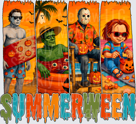 Summerween Horror Icons Michael Myers Jason Voorhees Chucky Frankenstein Beach Halloween DTF Transfer for Fabrics
