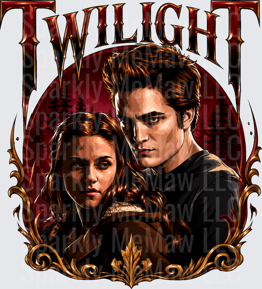 Twilight Edward and Bella Gothic Forest Portrait with Ornate Gold Frame DTF Transfer for fabrics