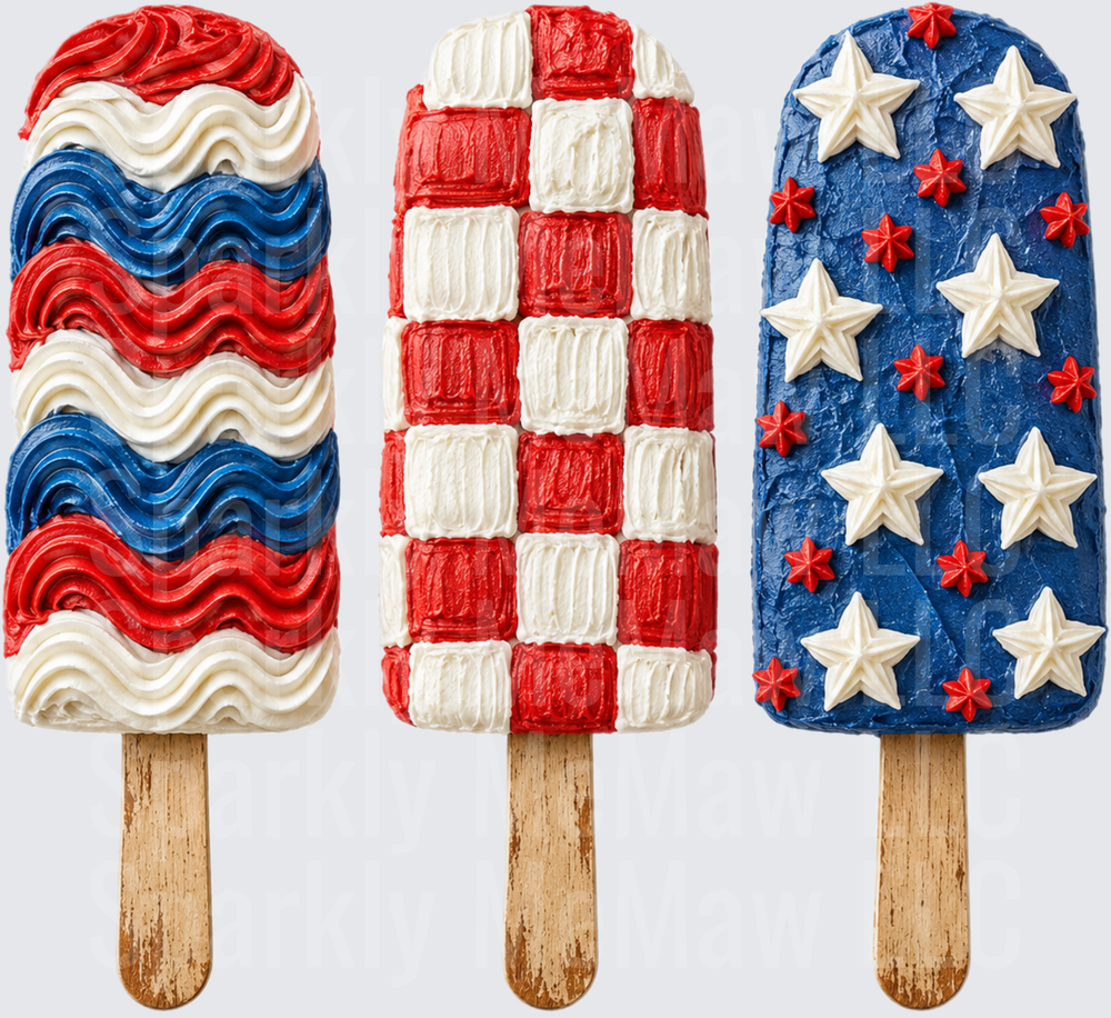 Patriotic Red White Blue Popsicles with Stars and Stripes Fourth of July UV DTF Decal