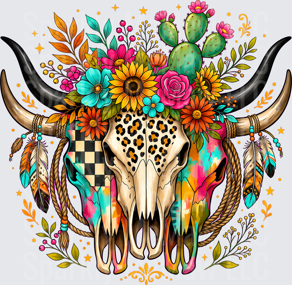 Boho Floral Bull Skull DTF Transfer