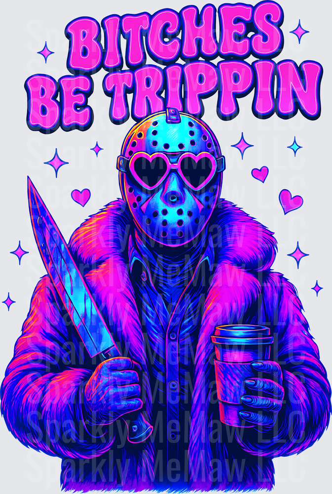 Bitches Be Trippin Jason Voorhees with Heart Sunglasses and Knife Vaporwave Style DTF Transfer for Fabric