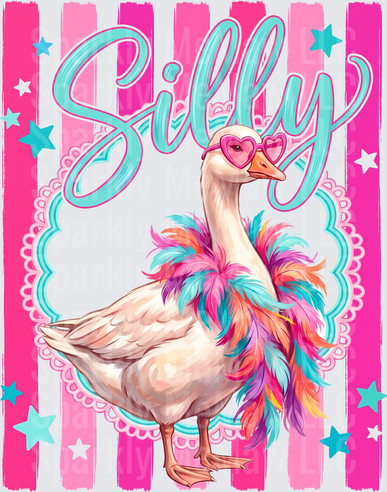 Silly Goose with Rainbow Feathers Pink Heart Sunglasses Stars UV DTF Decal