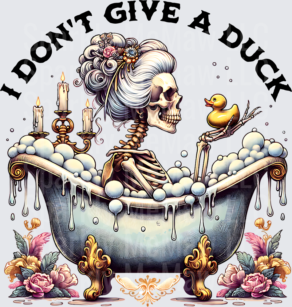 I Don't Give a Duck Skeleton Lady in Ornate Bathtub with Rubber Duck UV DTF Decal