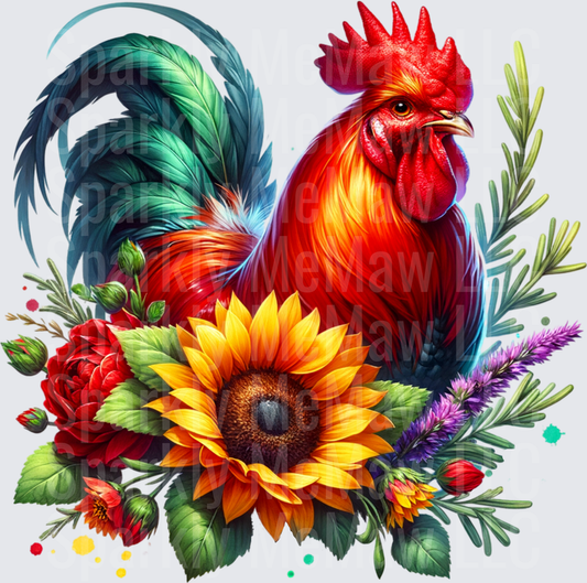 Vibrant Red Rooster with Sunflower and Wildflower Bouquet UV DTF Decal