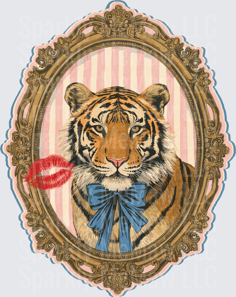 Victorian Tiger Portrait with Blue Bow Tie and Kiss Mark in Ornate Gold Frame UV DTF Decal