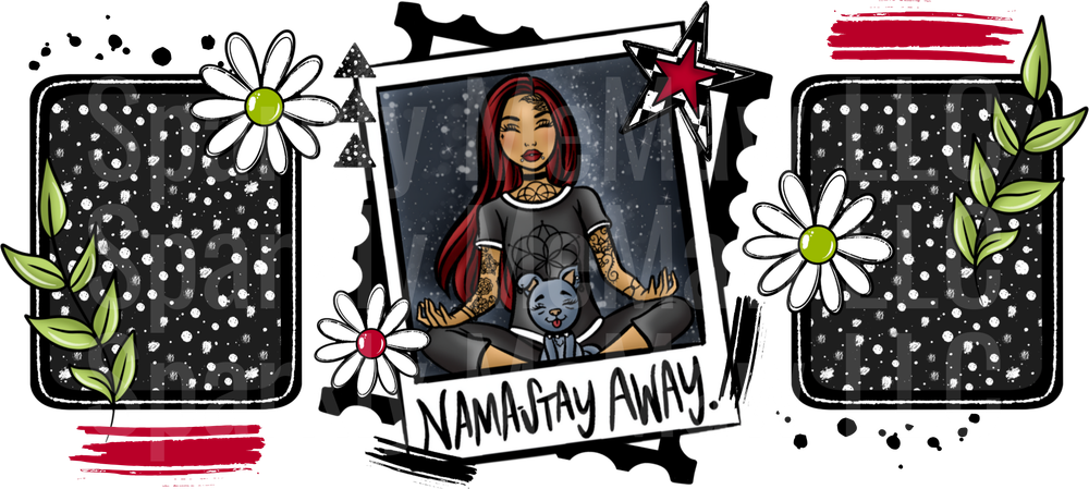 Namastay Away Tattooed Girl with Cat Polaroid Frame Design 16 oz UV DTF Wrap