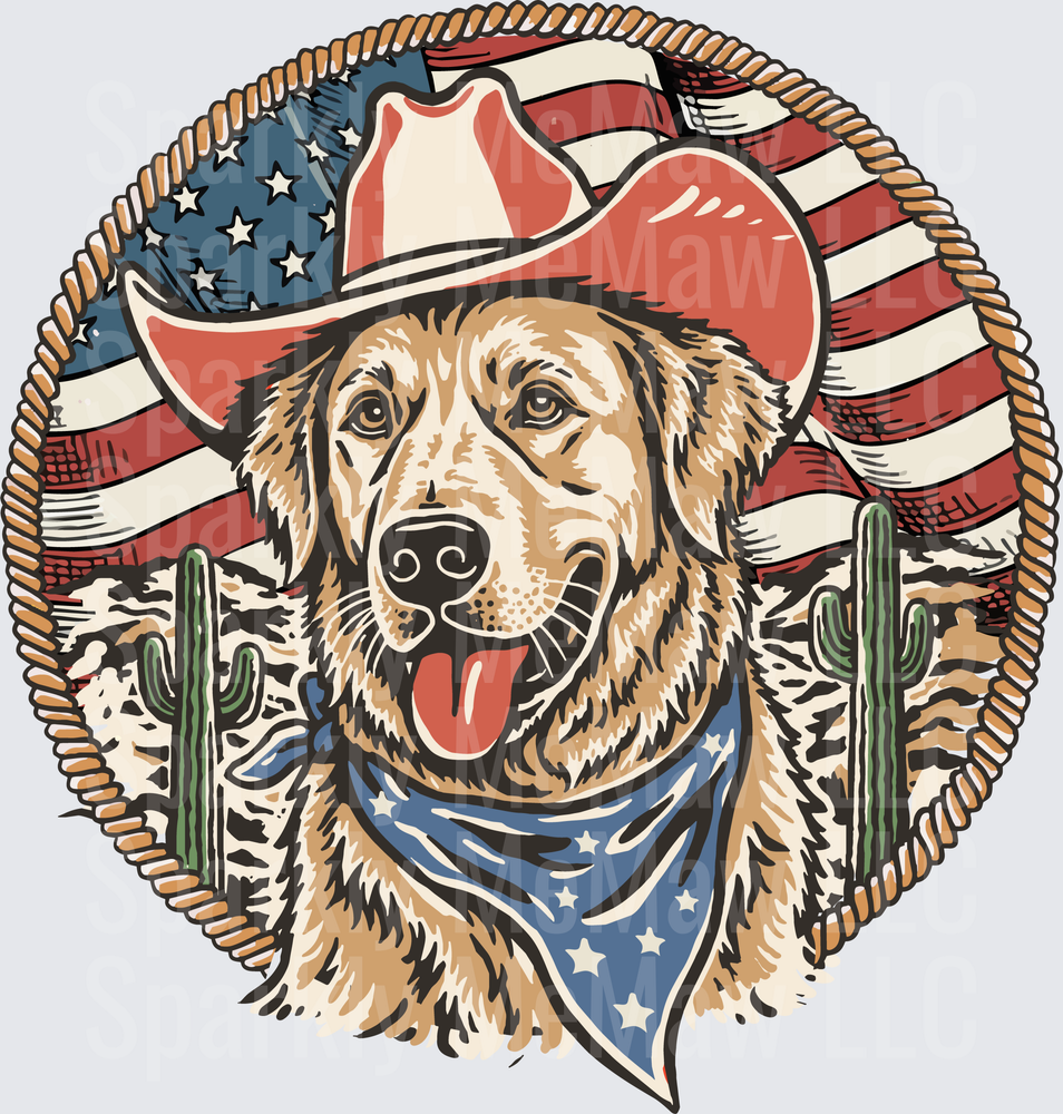 Golden Retriever Cowboy with American Flag Hat and Bandana Desert Scene DTF Transfer for Fabric