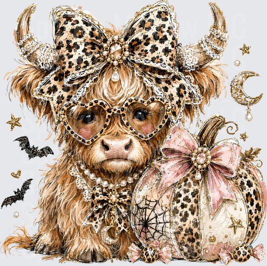 Glamorous Highland Cow Halloween Leopard Print Pearl Bow Heart Sunglasses Pumpkin Bats Crescent Moon UV DTF Decal