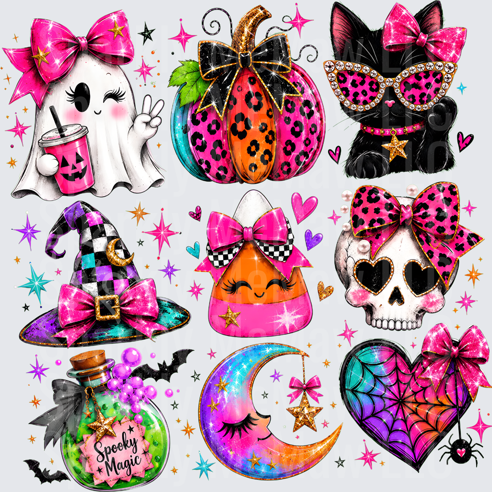 Girly Halloween Glam Bundle Ghost Pumpkin Black Cat Witch Hat Candy Corn Skull Moon Spooky Magic Potion Spider Heart UV DTF Decal