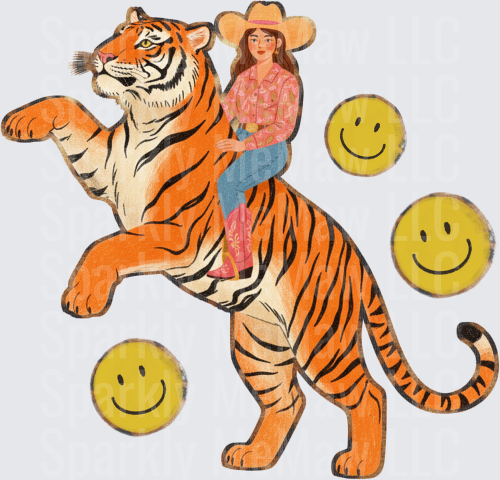 Cowgirl Riding Tiger with Smiley Faces UV DTF Decal