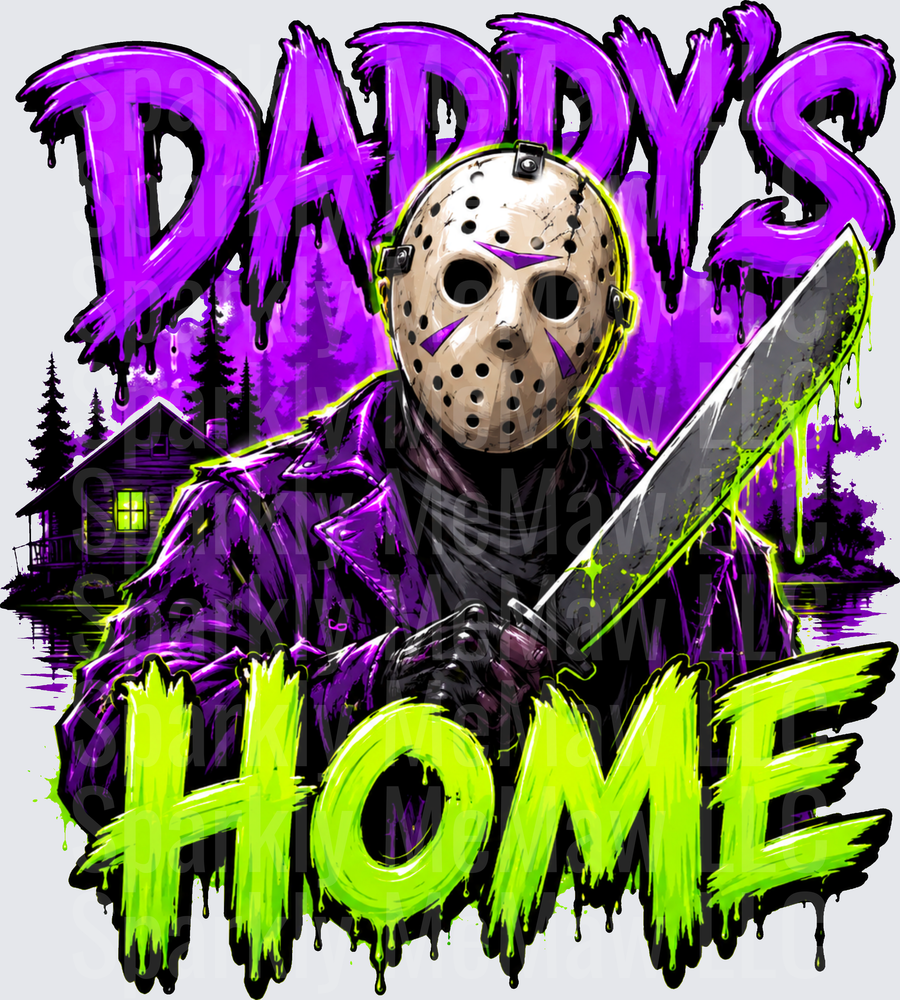UV DTF Decal Jason Voorhees Daddy's Home Purple and Neon Green Friday the 13th Horror Design with Camp Crystal Lake Cabin Background