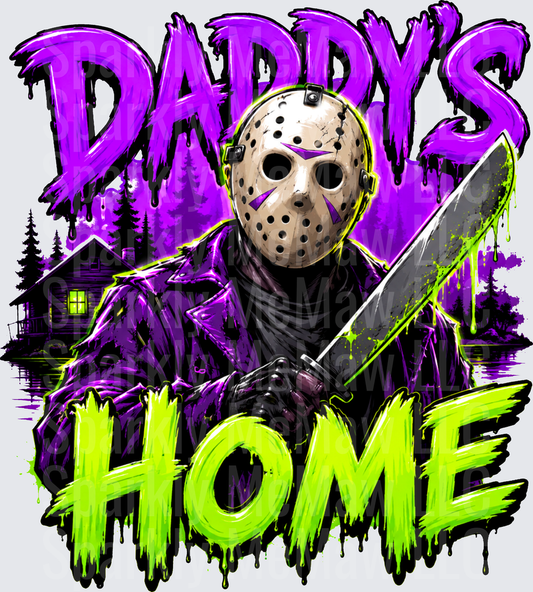 UV DTF Decal Jason Voorhees Daddy's Home Purple and Neon Green Friday the 13th Horror Design with Camp Crystal Lake Cabin Background